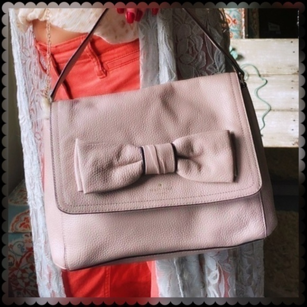 KATE SPADE TAUPE NEUTRAL FOLD-OVER FLAP BOW CROSSBODY SATCHEL BAG